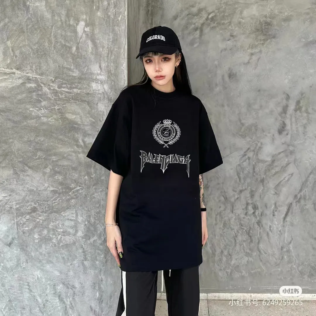 P80✨🔥 BALENCIAGA Paris lettering printed short-sleeved T-shirt, custom-woven and dyed 280g combed cotton heavyweight fabric, zero color difference in thread, perfect details, different from the current version on the market, welcome to compare, Same Style for men and women, must-sell in the picture above Color: White Black Size: 1 2 3 4